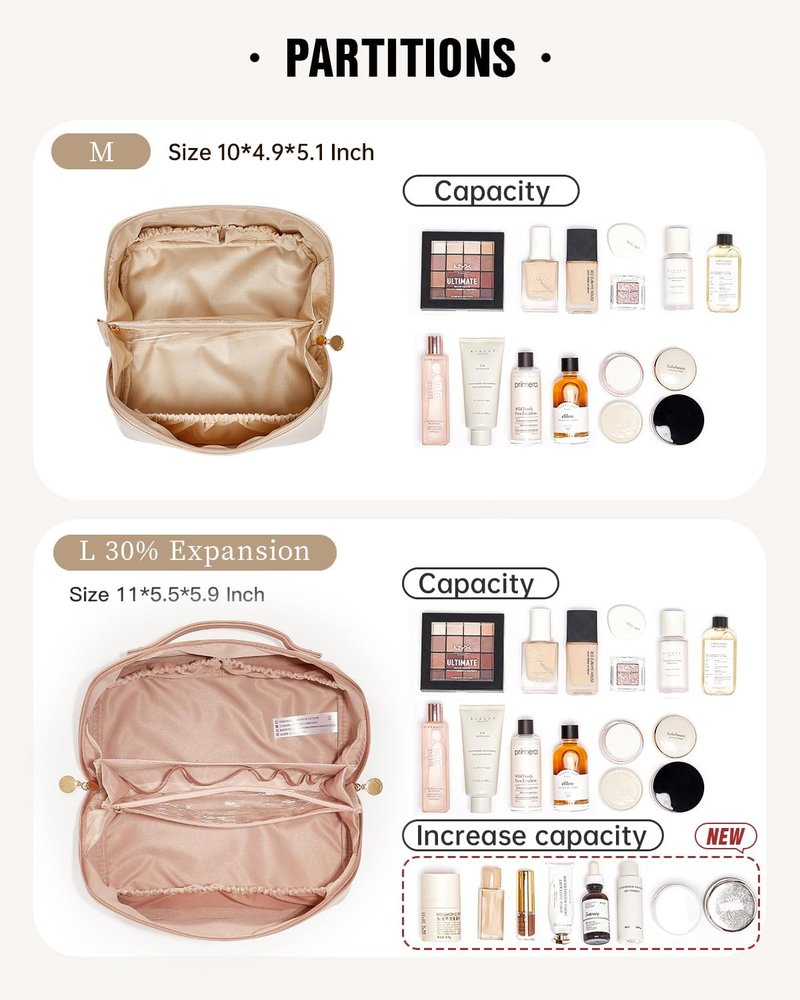 Travel Makeup Bag - Large Capacity Waterproof PU Leather Cosmetic Organizer | Flat Open Design for Skincare & Brushes