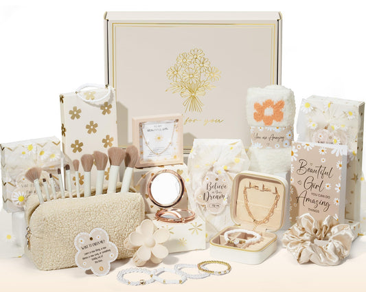 Christmas Gifts for Tween & Teen Girls - 8 PCS Birthday Gifts Basket Teen Girls Trendy Stuff w/ Fun Task Tags Make up Brushes & Bag, Empower Advent Calendar Wrapped Gifts Box for Daughter Niece Sister