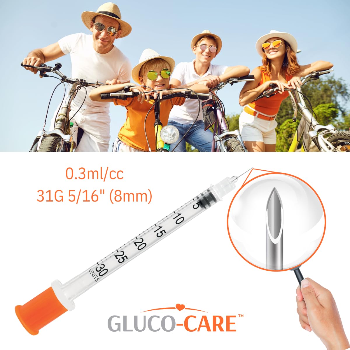 GLUCO-CARE 0.3 ml/cc Syringes 31G x 5/16’’ (8mm), Orange Cap, Box of 100 pcs