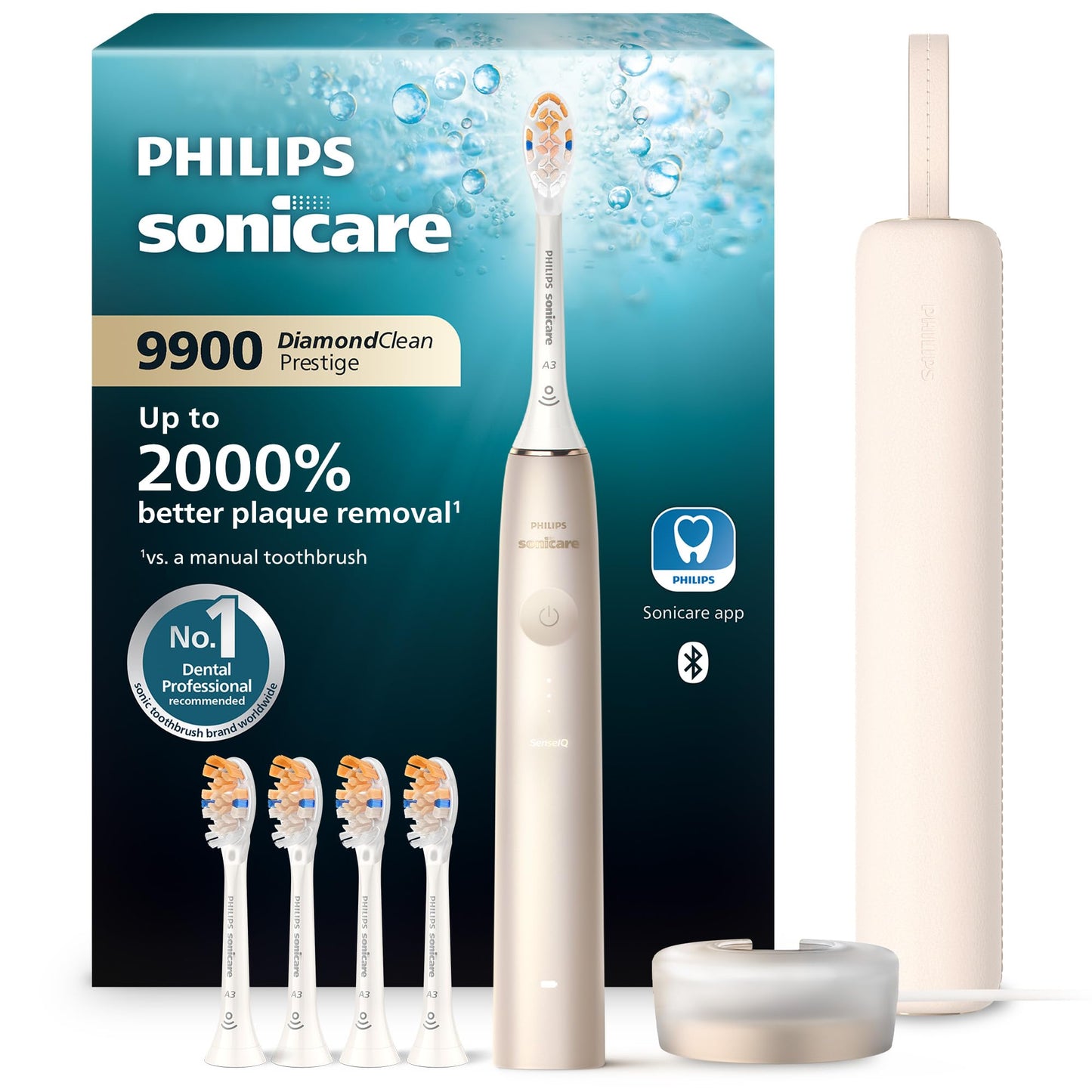 Philips Sonicare DiamondClean 9900 Prestige Electric Toothbrush - with SenseIQ Technology and Advanced AI App, 5 Brushing Modes, 3 Intensity Levels, Charging Travel Case, Champagne, BD9001AZ