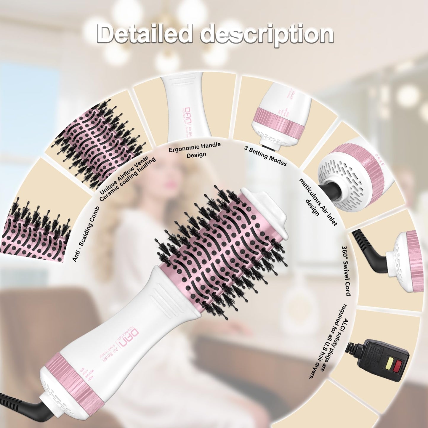 DAN Auto Dual Voltage Hair Dryer Brush(100V-240V),Travel Hair Dryer Brush with Multi-Function Plug Adapter,One Step Blow Dryer Brush and Styler Volumizer