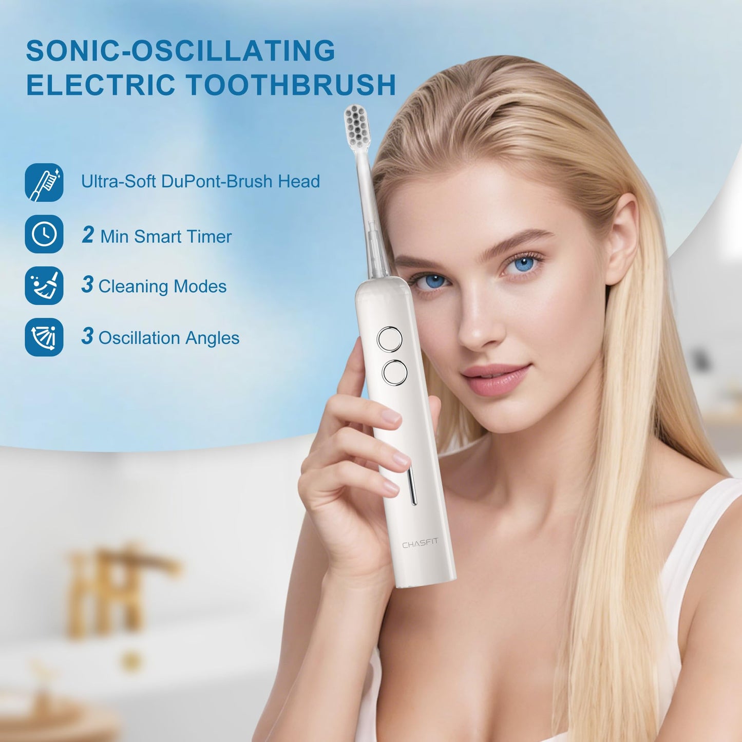 Chasfit Electric Toothbrush for Adults,Wave Oscillation & Vibration Sonic Tooth Brush,BASS-Brushing Technique Travel Rechargeable Toothbrushes with 4 Soft Bristle Replace Heads,Gifts for Men Women