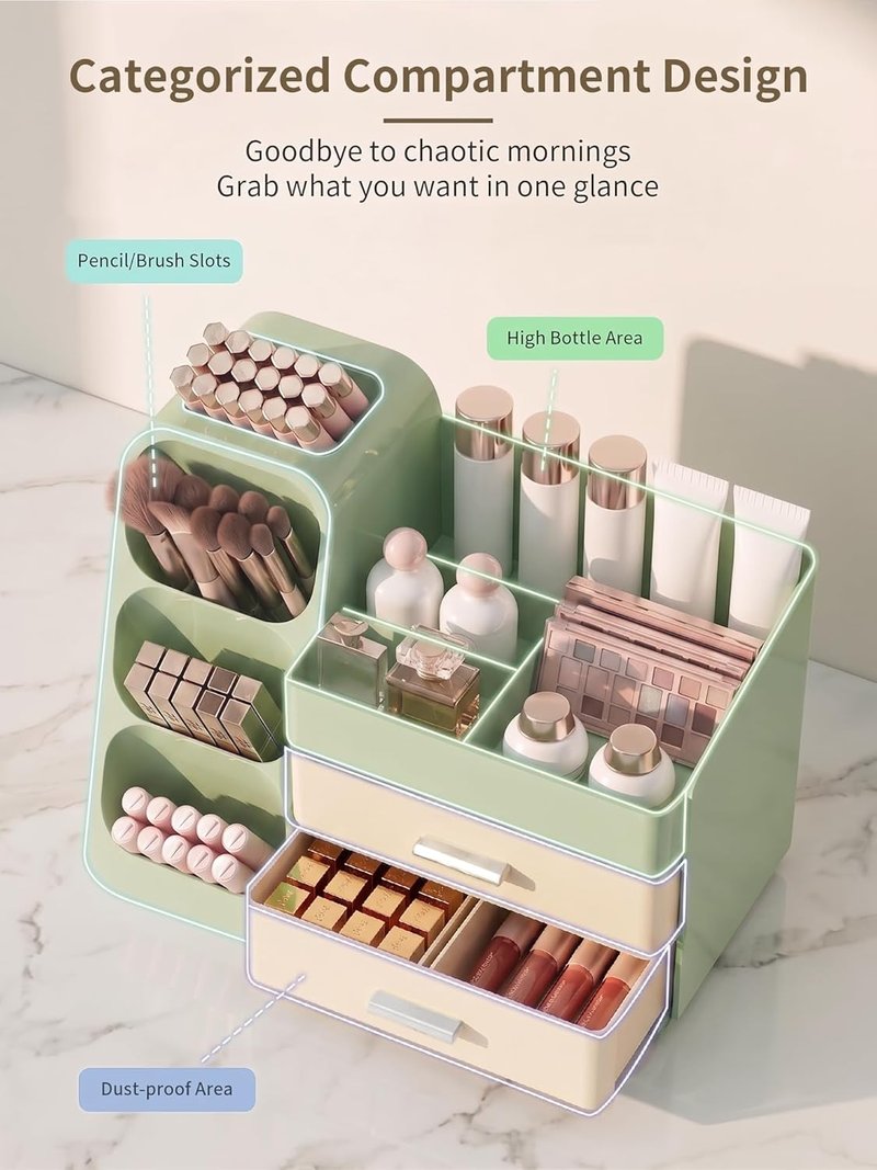 Makeup Organizer - Large Capacity Vanity Storage Case with Drawers | Cream Green Cosmetic Display for Skincare & Beauty Tools