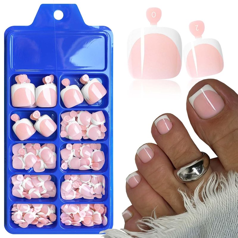 French Tip Press-On Toenails - 144pc Acrylic Fake Toe Nail Kit with Glue Tabs | Square Design
