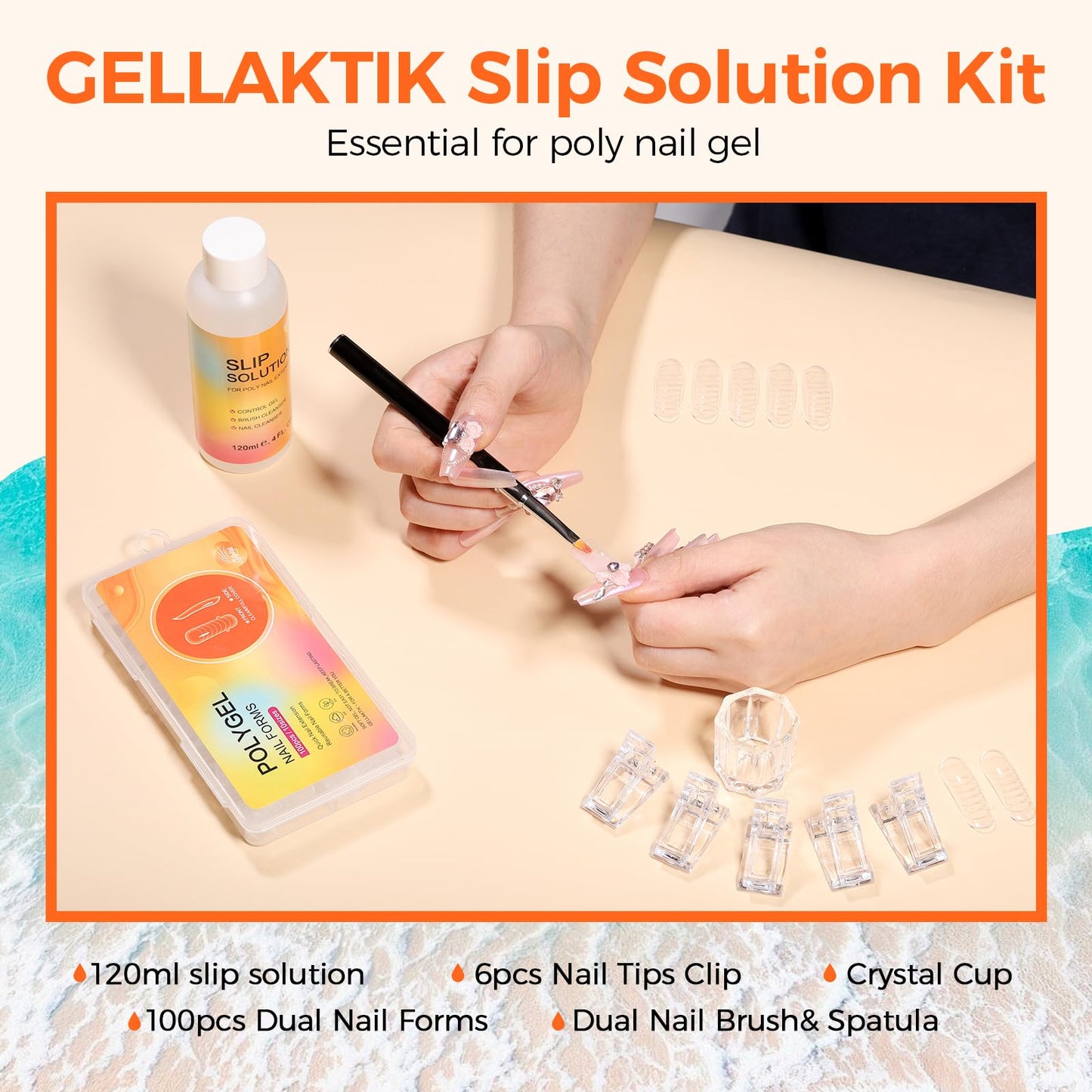 GELLAKTIK 100Pcs Nail Forms Kit, 10 Sizes Reusable Dual nail Forms for Poly Gel & Builder Gel, 120ml Slip Solution Liquid, 6 Clips, Dual-Ended Brush, Nail Art Cup, DIY Pedicure Kit for Beginners