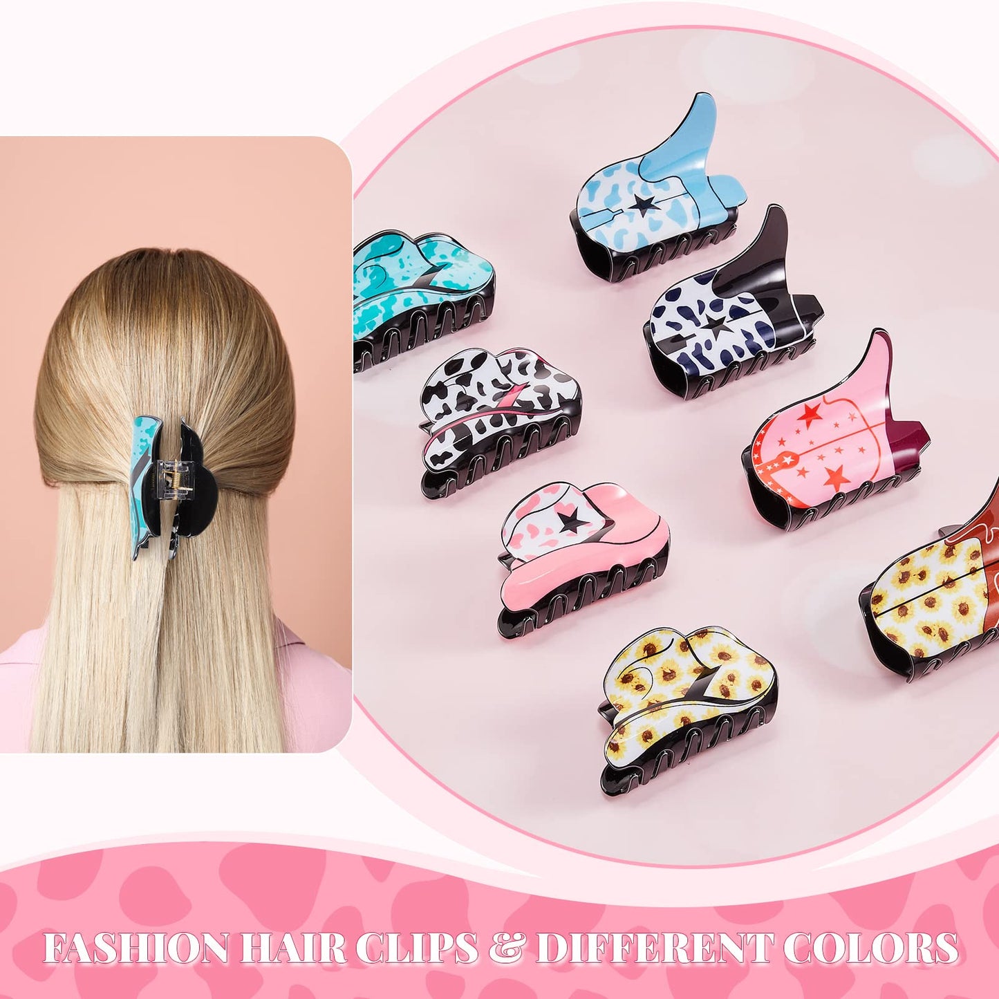Tigeen 8 Pcs Western Cowgirl Hair Claw Clips Cow Print Sunflower Leopard Star Shark Boot Hat Nonslip Hair Clip Large Fun Cowgirl Acrylic Western Accessories Barrette Styling Clamps Gifts for Women
