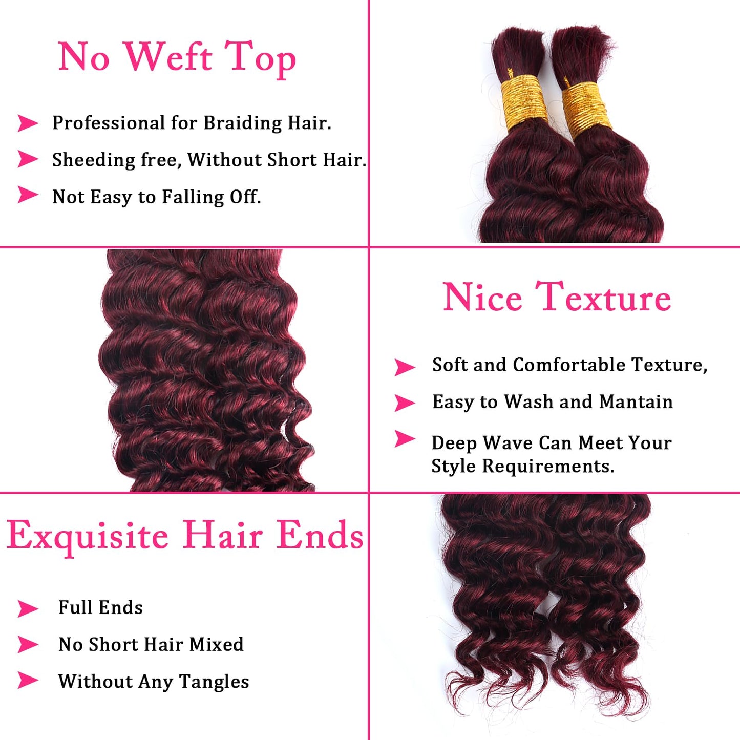Human Braiding Hair for Boho Braids Burgundy Deep Wave Bulk Human Hair for Braiding 16 Inch 2 Bundles 100G #99J Wet and Wavy Curly Human Hair Red Braiding Hair Extensions No Weft Bundles for Braiding