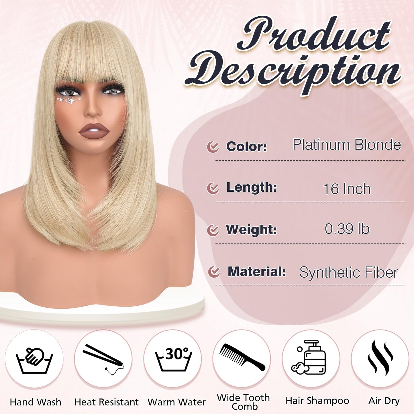 Haloo Blonde Bob Wigs with Bangs Shoulder Length Straight Natural Looking Synthetic Heat Resistant Medium Hair Wigs for Women Daily Party, 16 Inch Platinum Blonde