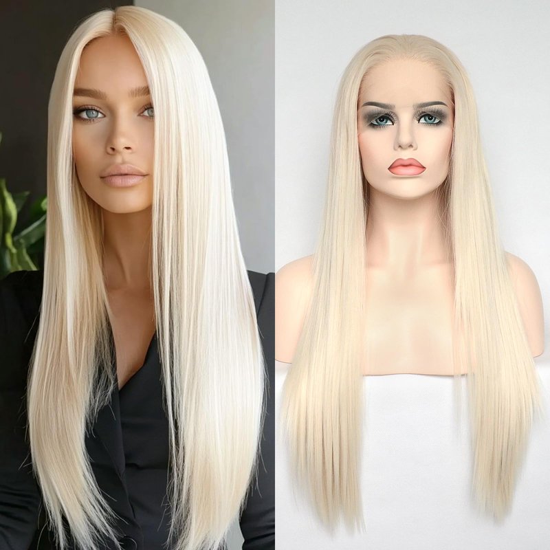 Jozlynn Platinum Blonde Lace Front Wigs Synthetic Silky Straight Hair for Fashion Women Replacement Wigs Half Hand Tied Natural Hairline 22inch (Platinum Blonde,Straight, 22 Inch)
