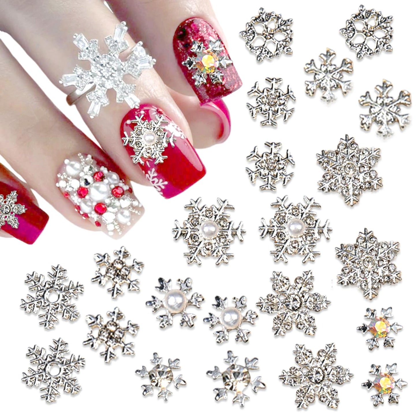 Christmas Nail Charms - 20Pcs Silver Snowflake Rhinestones | 3D Luxury Bling Gems for Winter Nail Art