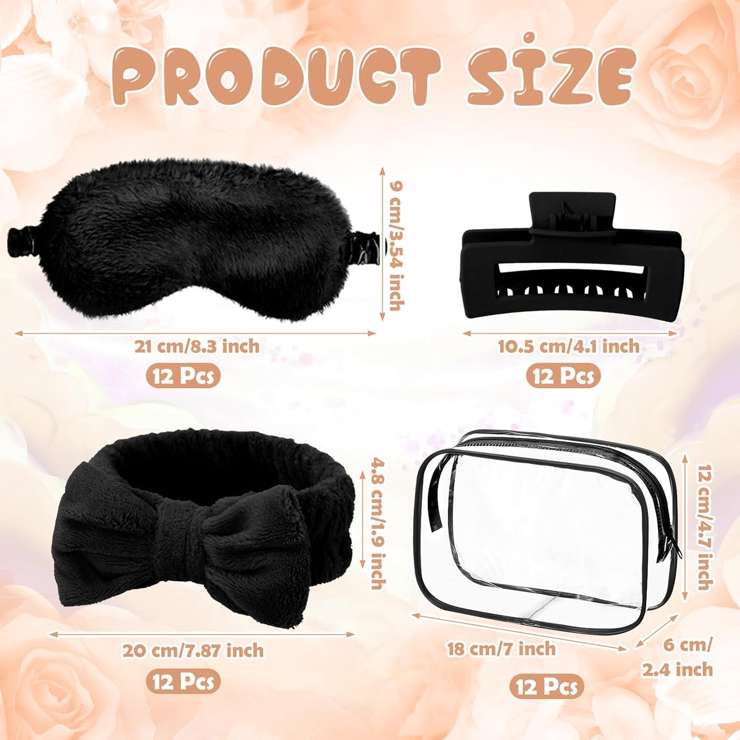 Spa Party Favors Set - 24 Pcs with Headbands, Plush Eye Masks & Hair Claw Clips | Black Cosmetic Bags for Sleepovers