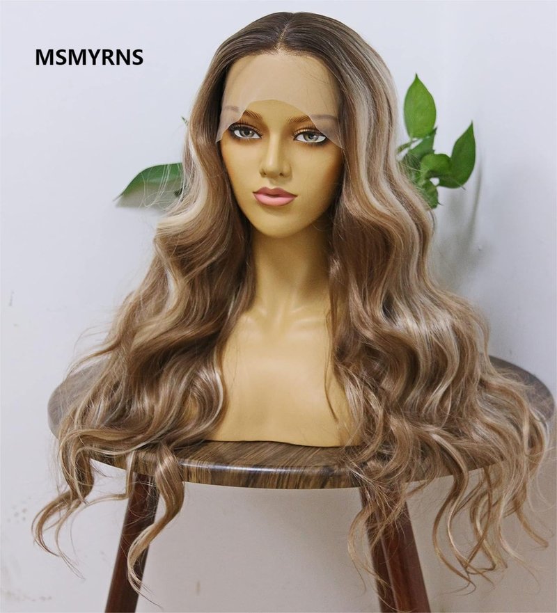 MSMYRNS Synthetic Wig HD Lace Front Wig For Women Girls Platinum Blonde Highlights Brown Loose Wavy Curly Heat Resistant Long Wig Ombre Colorful Wig Hair Replacement Unit (Light Brown Roots Version)