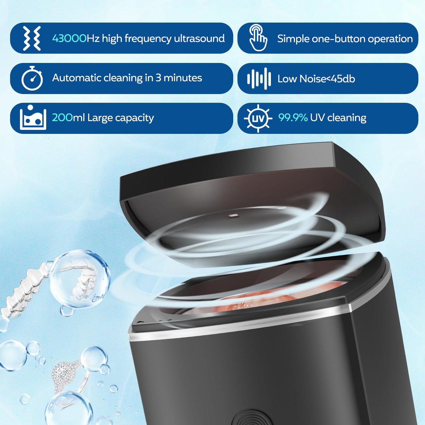 U-V Ultrasonic Dental Cleaner;UltraSonic Retainer Cleaner Machine for Denture,Aligner,Whitening tray,200ml Portable Mouth Guard Cleaner, Invisalign Cleaner Pod,Professional Sonic Jewelry Cleaner black