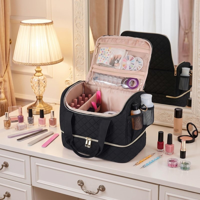 VOFIpremiAm Nail Polish Organizer Bag Fits 1 Nail Lamp and 40 Bottles,Pretty Nail Organizer with Side Pockets for Nail Polish Remover,Manicure Tools (Patented,Bag Only)-Black