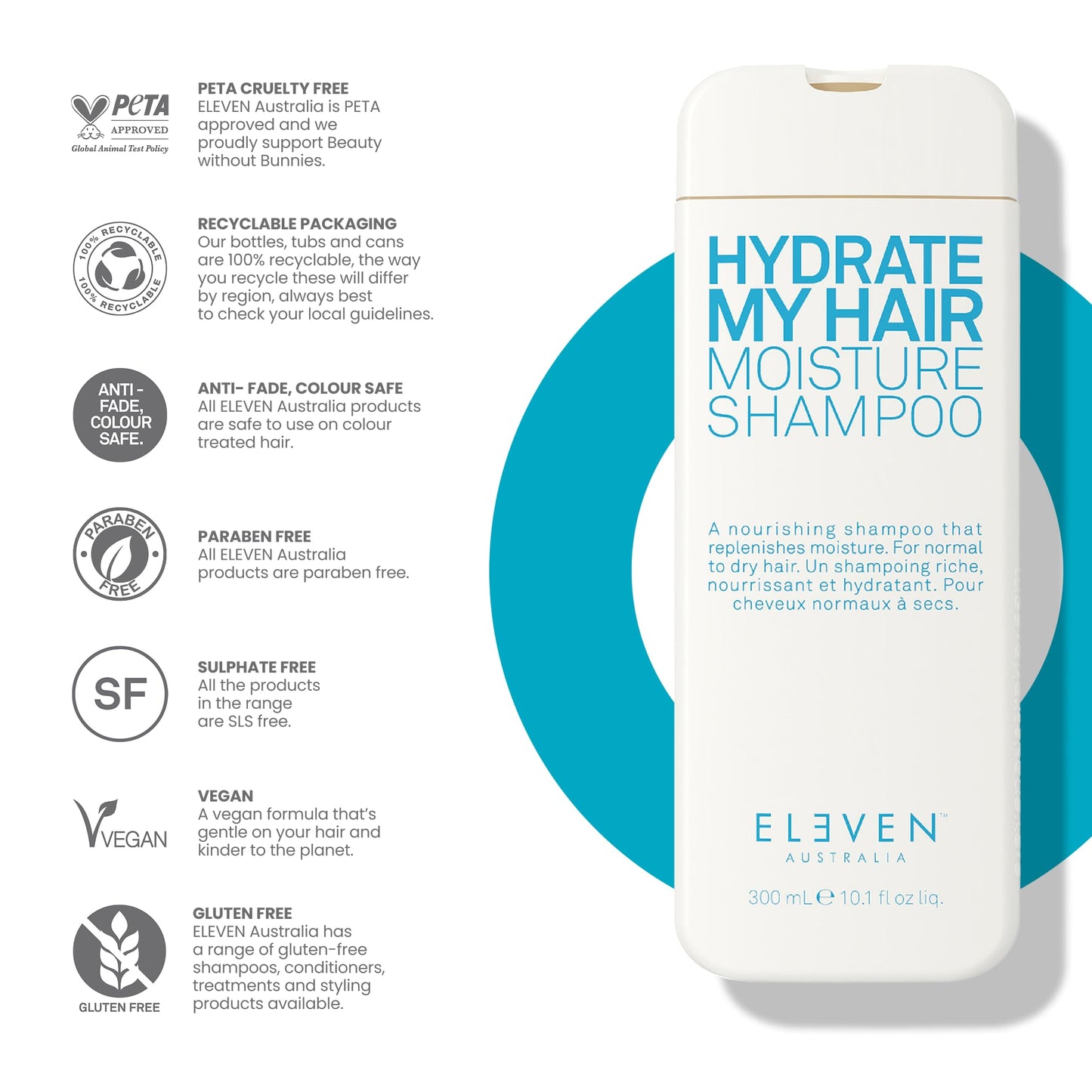 ELEVEN AUSTRALIA Hydrate My Hair Shampoo for Women & Men - Moisturizing, Color-Safe, Anti-Frizz, Nourishing Formula for Dry, Damaged Hair, Protects Against Heat & Environmental Damage - 10.1 fl oz