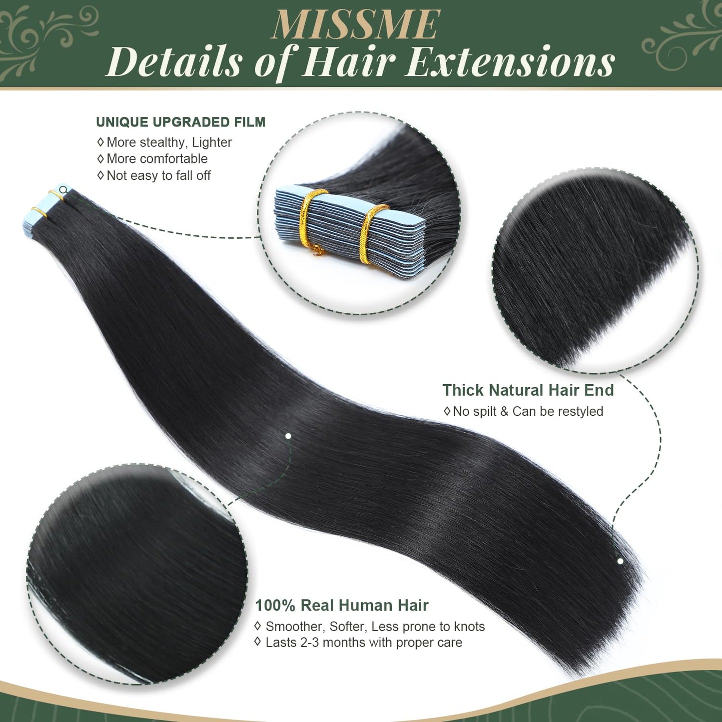 Missme Tape in Hair Extensions Human Hair 16 inch 20 Pcs 40g #613 Blonde Tape ins Human Hair Extensions Remy Hair Skin Weft Seamless Invisible Silky Straight Thick Ends Add Length