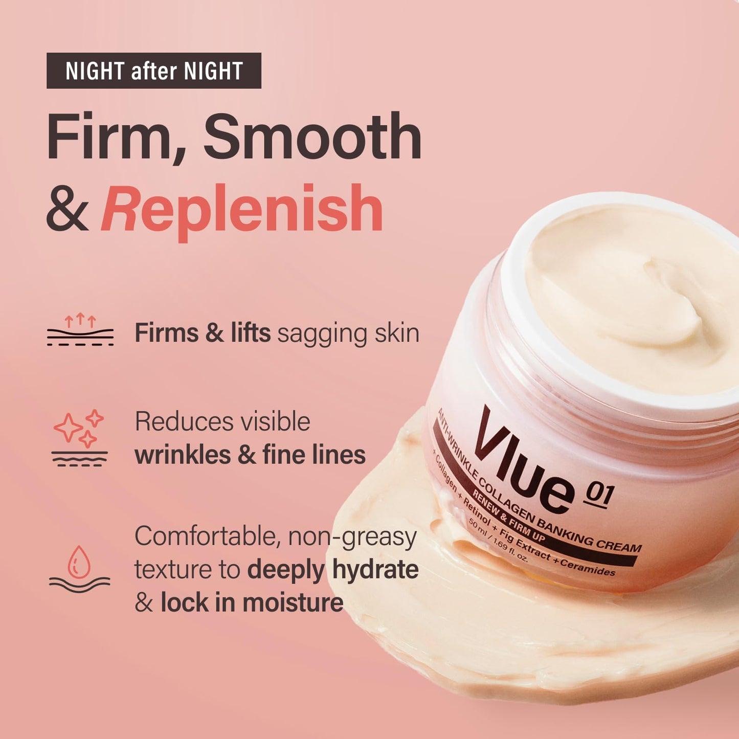 VLUE Retinol Collagen Cream - Anti-Aging Ceramide Moisturizer for Wrinkles & Sagging Skin, Hydrating & Lifting, Korean Skincare, 1.69 fl. oz.