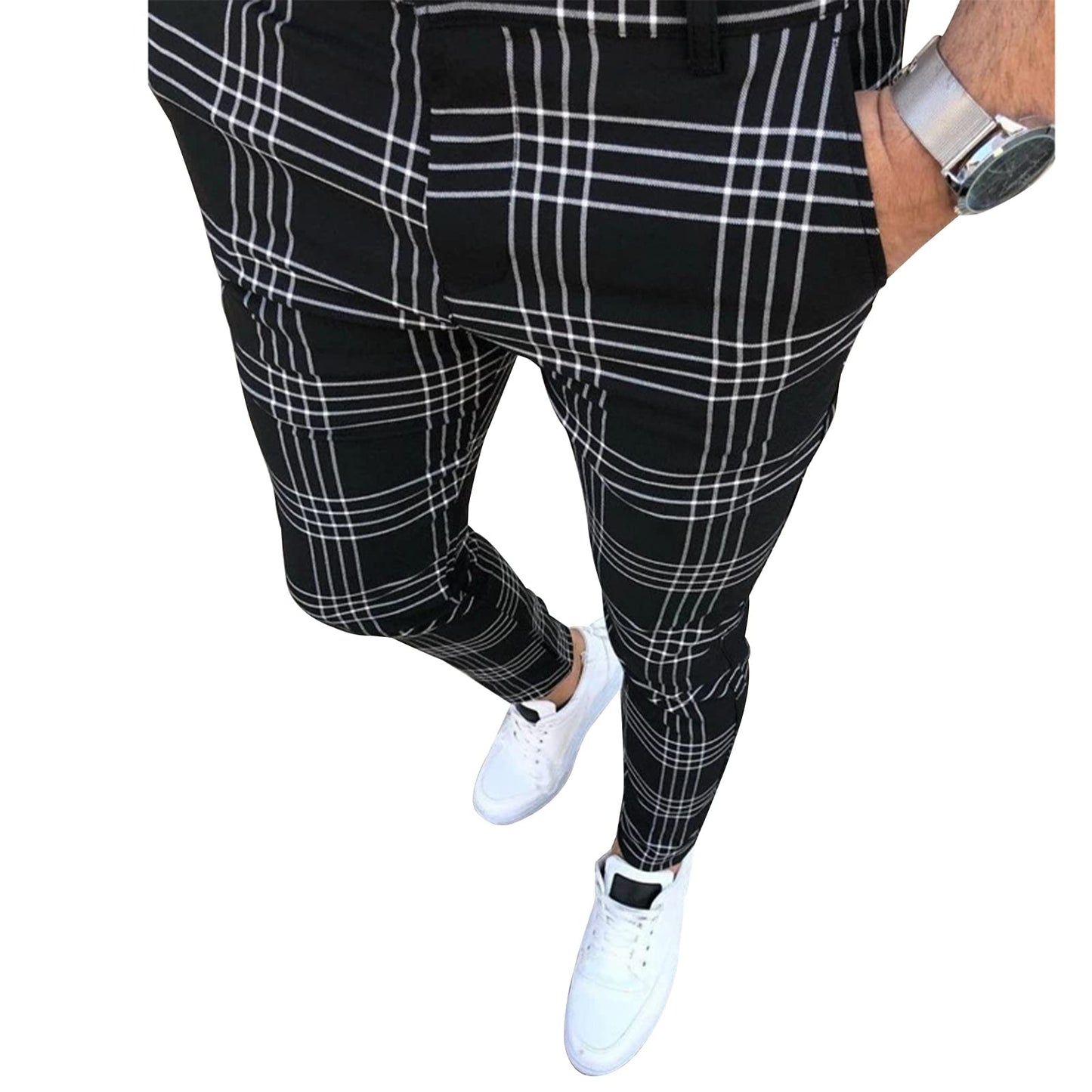 Men's Slim Fit Dress Pants Plaid Stretch Slacks Business Casual Pants