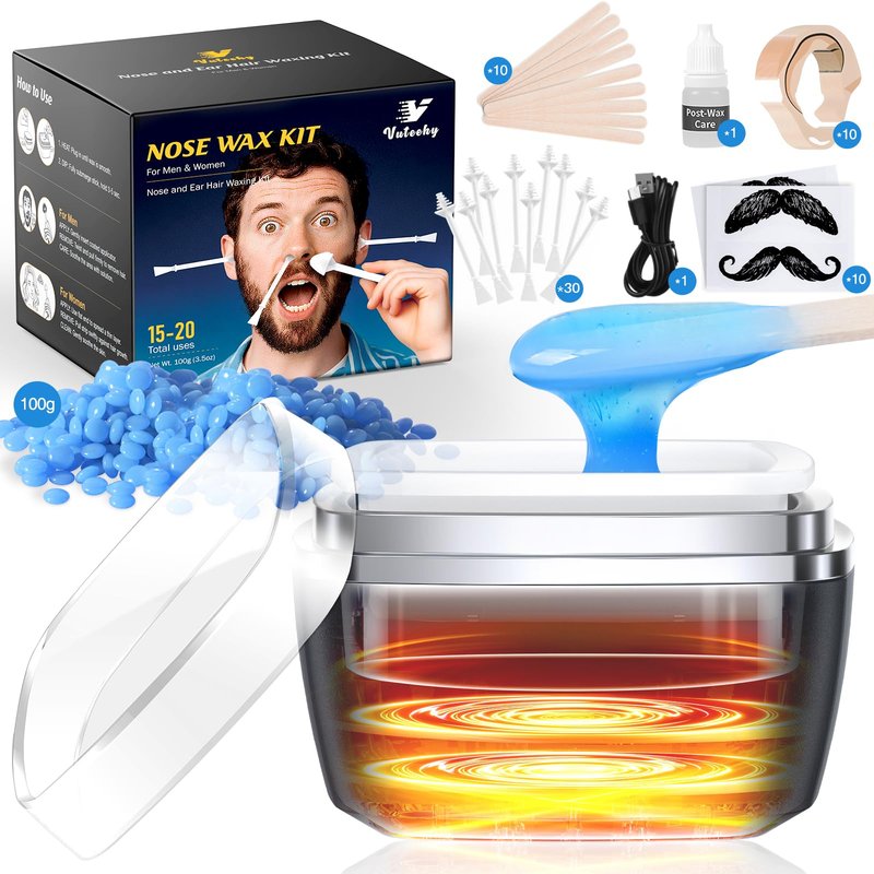 Vuteehy Nose Wax Kit Men, Nose Ear Hair Removal Kit for Men Women, 40 Sticks, 100g Wax, USB Fast Heat, Smart Constant Temp, Painless Hair Removal Waxing Kit for Nose Ears Eyebrow Lip Facial, Blue