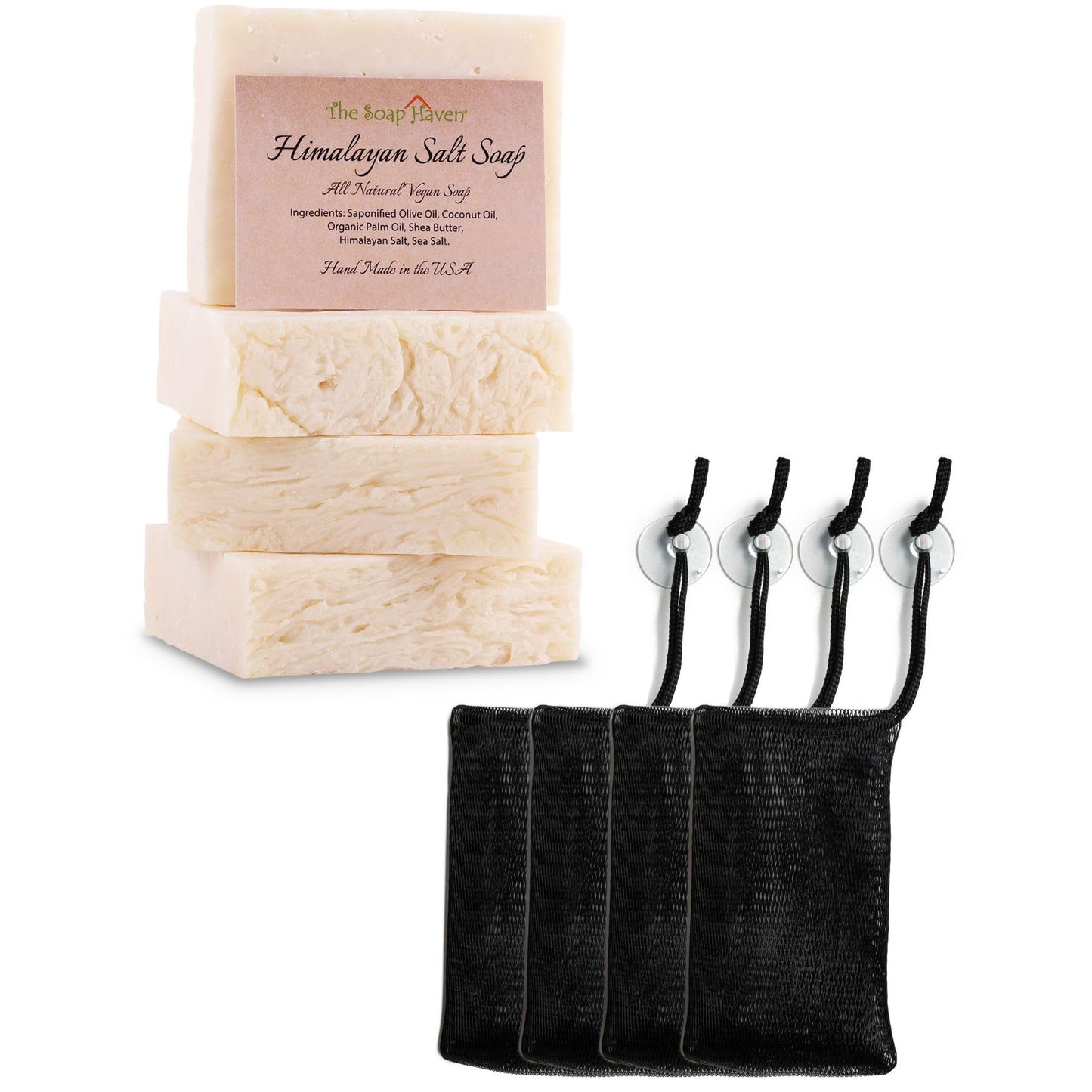 The Soap Haven Bundle of 4 Himalayan Salt Soap Bars and 4 Soap Saver Mesh Bags