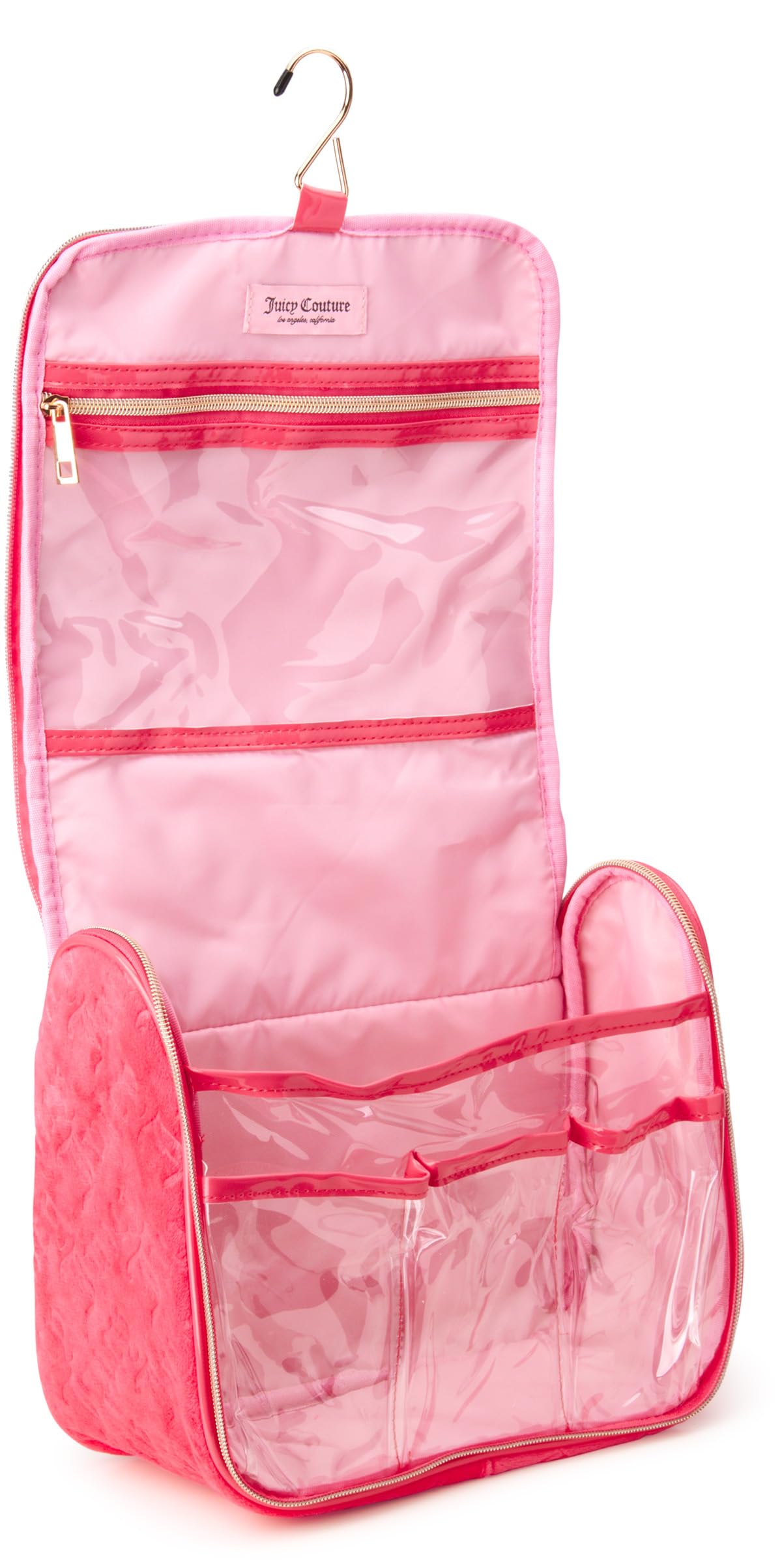 Juicy Couture Silver Makeup Bag Cosmetics Organizer Travel Essentials Hanging Hook Shiny Puffer Heart