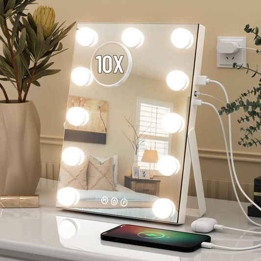 AJJSSA Vanity Mirror with Lights, 11"×14“ Hollywood Lighted Makeup Mirror with Detachable 10X Magnification & Dimmable 3 Colors Modes LED Bulbs, Tabletop or Wall Mounted,White(for Bedroom Bathroom)