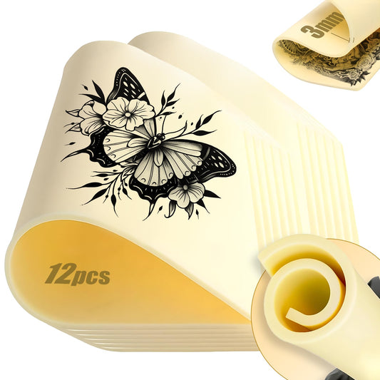 12Pcs Blank Tattoo Skin Practice 3mm Tattoo Practice Skin (12x8"/A4) Double Sided Fake Skin Soft Silicone, Use for Tattooing, Eyebrows, Eyeliner, and Lip Liner (A4, Count, 12)