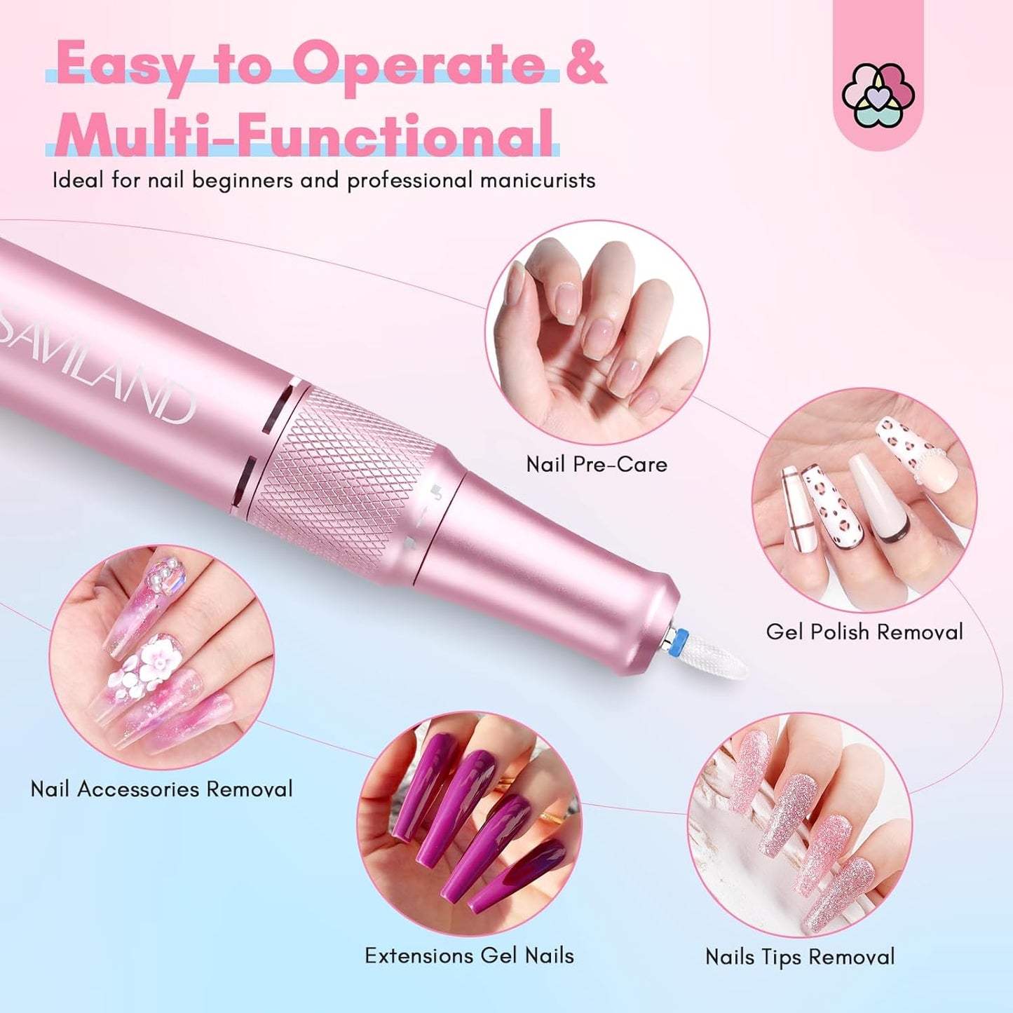 SAVILAND Professional Nail Drill - 40000 RPM Electric E-File for Acrylic Nails | Compact & Cordless Design
