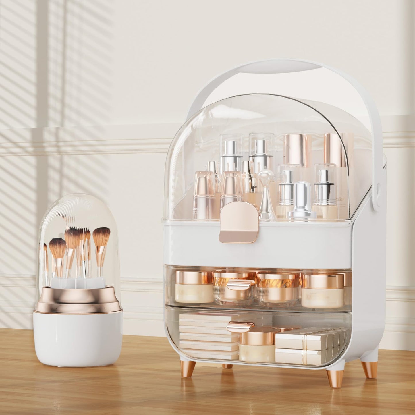 CLBDRESS Makeup Organizer Countertop & 360° Rotating Makeup Brush Holder, Skincare Holder with Lid and Drawers, Storage Box Cosmetic Display Cases, Teen Girl Gifts, Vanity, Bathroom Counter,Rose Gold