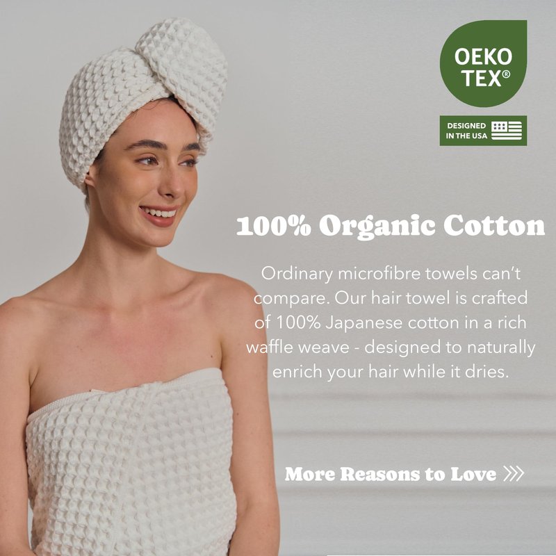 Luxury Organic Japanese Cotton Hair Drying Waffle Towel Wrap for Women | Absorbent, Quick-Dry Head Turban for Shower, Sauna, Spa | Extra Large for Long, Curly, Straight Hair With Button (White, 1 Pc)