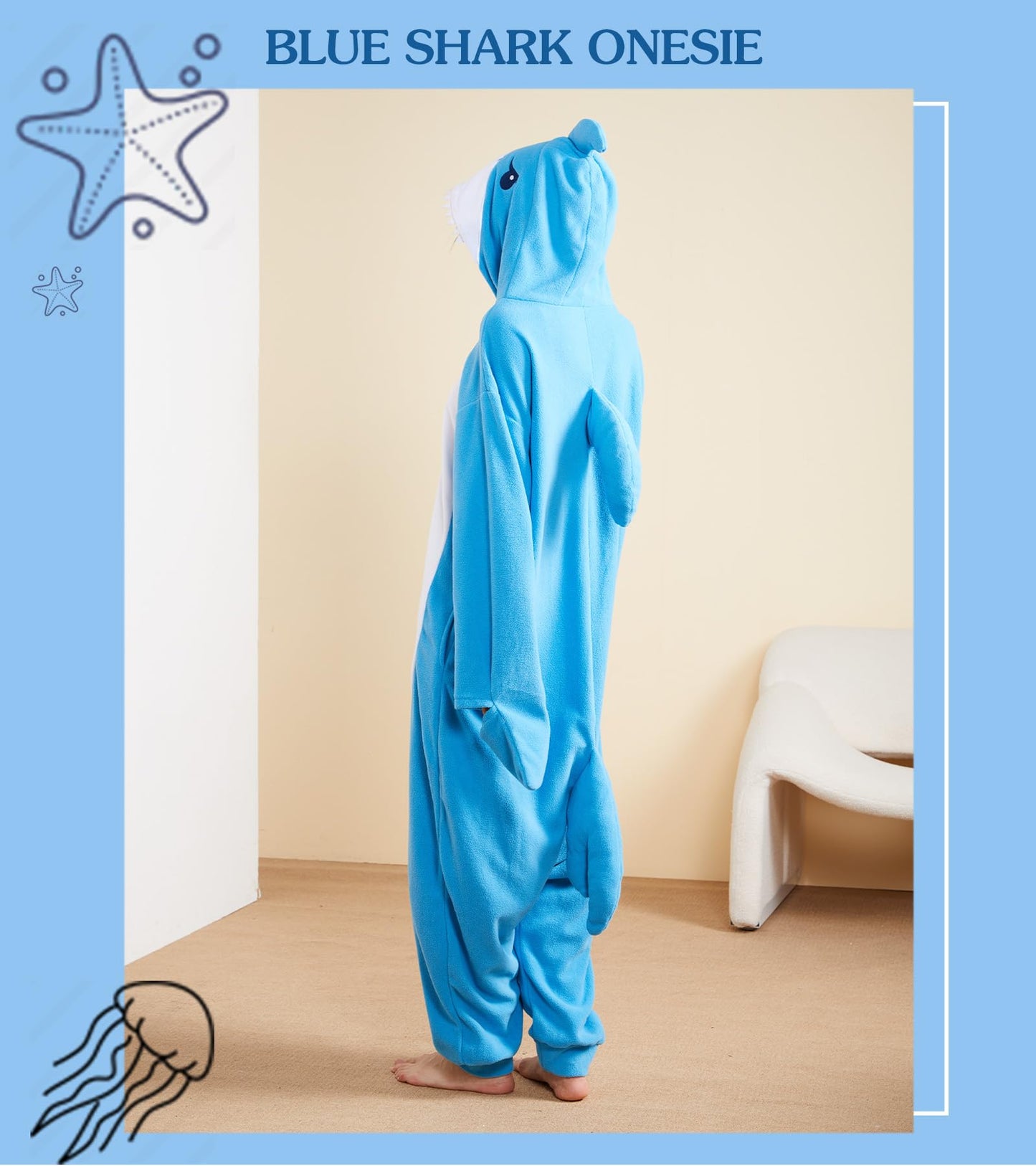 Focupaja Shark Pajamas Adult Animal Cosplay Costume One Piece Cartoon Homewear Sleepwear Onesie for Women Men Dark Blue XL