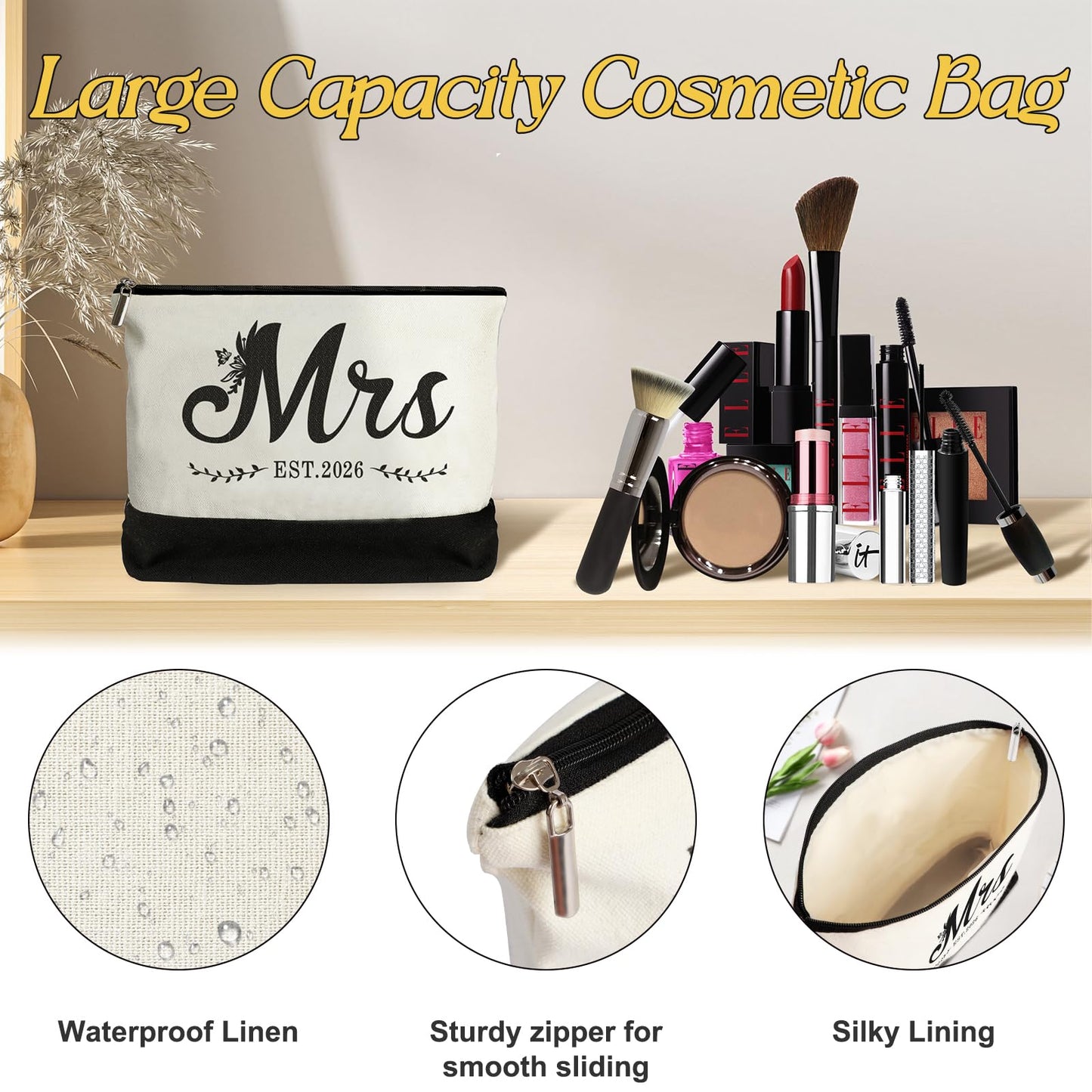 Mrs 2026 Bride Canvas Tote Bag with Makeup Bag, Wedding Bridal Shower Gifts