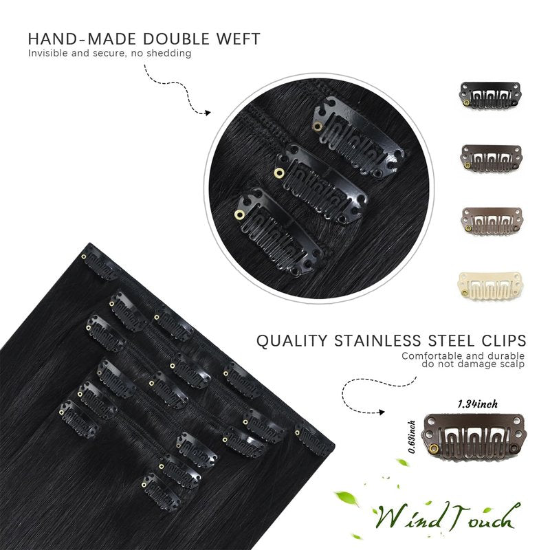 WindTouch Clip In Hair Extensions Real Human Hair Black Hair Extensions Remy Hair 7pcs 18 Inch 75g #1B Natural Black Clip Ins Real Human Hair Black Women