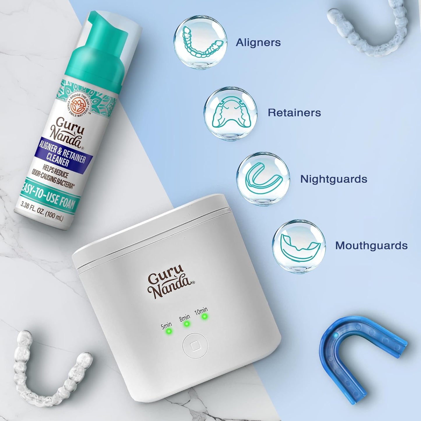 GuruNanda Retainer Cleaner Set - Ultrasonic & UV Cleaning Pod with Foam | Deep Clean for Aligners & Dentures
