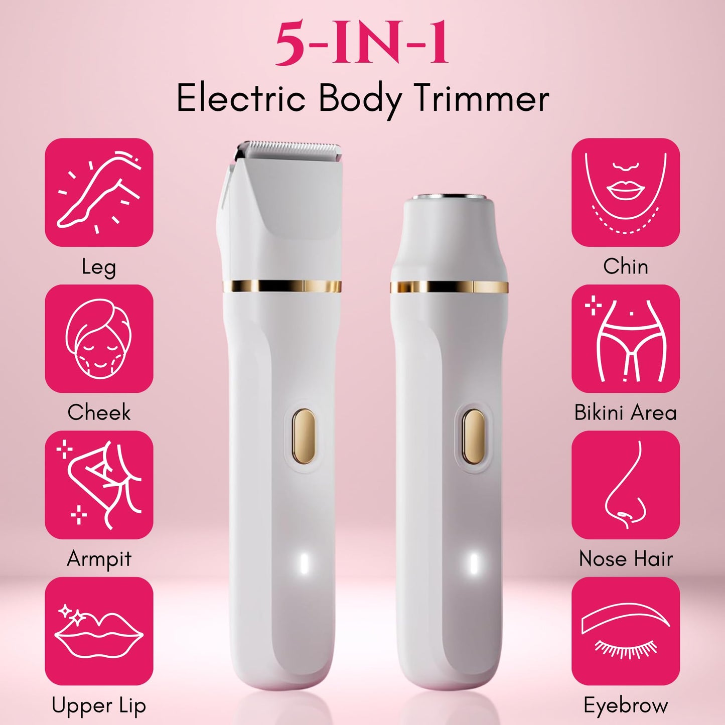 Paradise Bliss Quality 5-in-1 Bikini Trimmer Electric Razors with USB Cord, Excellent Facial Hair Elimination, Wet/Dry Body Shaver for Nose, Eyebrows, Beard, Leg, and Arm, IPX7 Waterproof (White)