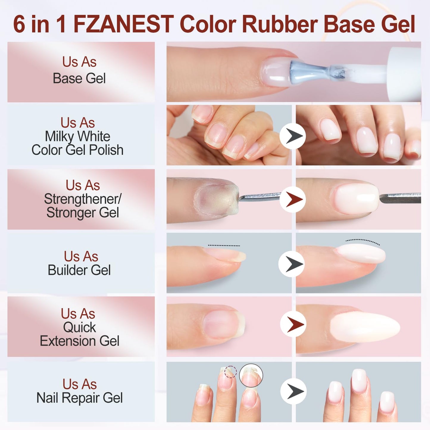 FZANEST Rubber Base Builder Gel Kit - 6pcs Nail Strengthener in Natural Nude Pink | 7.5ml Bottles