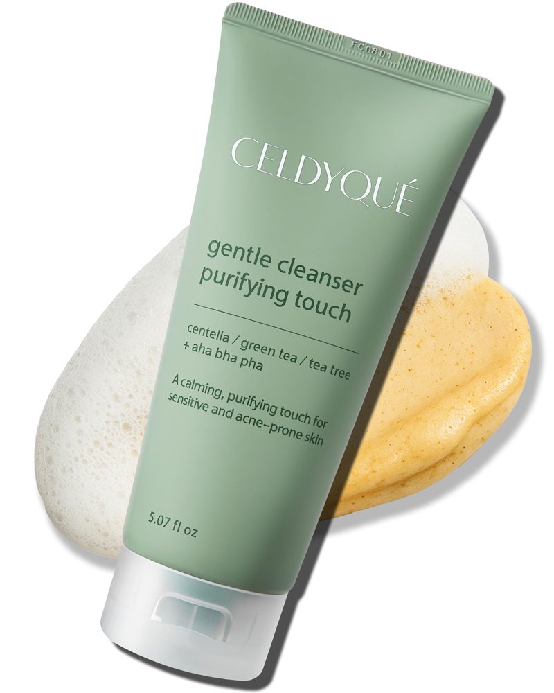 CELDYQUE Gentle Cleanser Purifying Touch – Centella, Tea Tree & Green Tea | AHA BHA PHA Exfoliating Face Wash for Sensitive, Acne-Prone Skin | Calming, Pore Purifying Korean Cleansing Foam, 5.07 fl oz