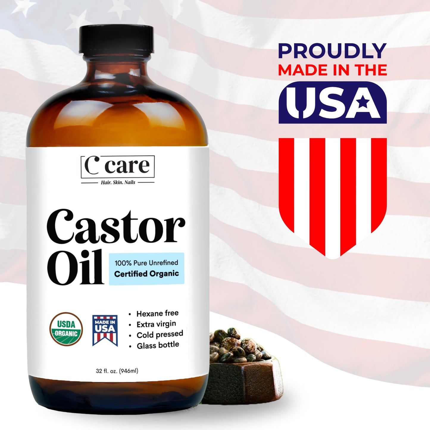 Castor Oil 100% Pure Organic Cold Pressed Unrefined Glass Bottle | USDA Certified Organic | Hexane Free Extra Virgin | for Hair Growth Eyebrows Eyelashes Skin and Castor Oil Pack Wrap