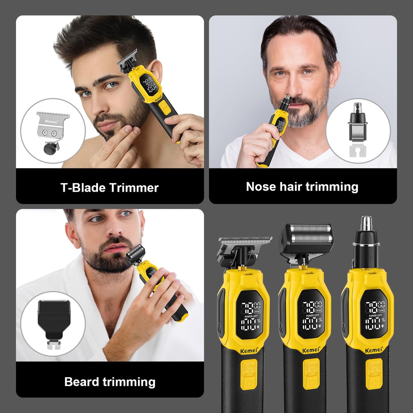KEMEI Professional 3-in-1 Complete Grooming Tools for Men, Cordless Beard Trimmer, Electric Facial, Ear & Nose Trimmer, Rechargeable Hair Clippers, Gifts for Men