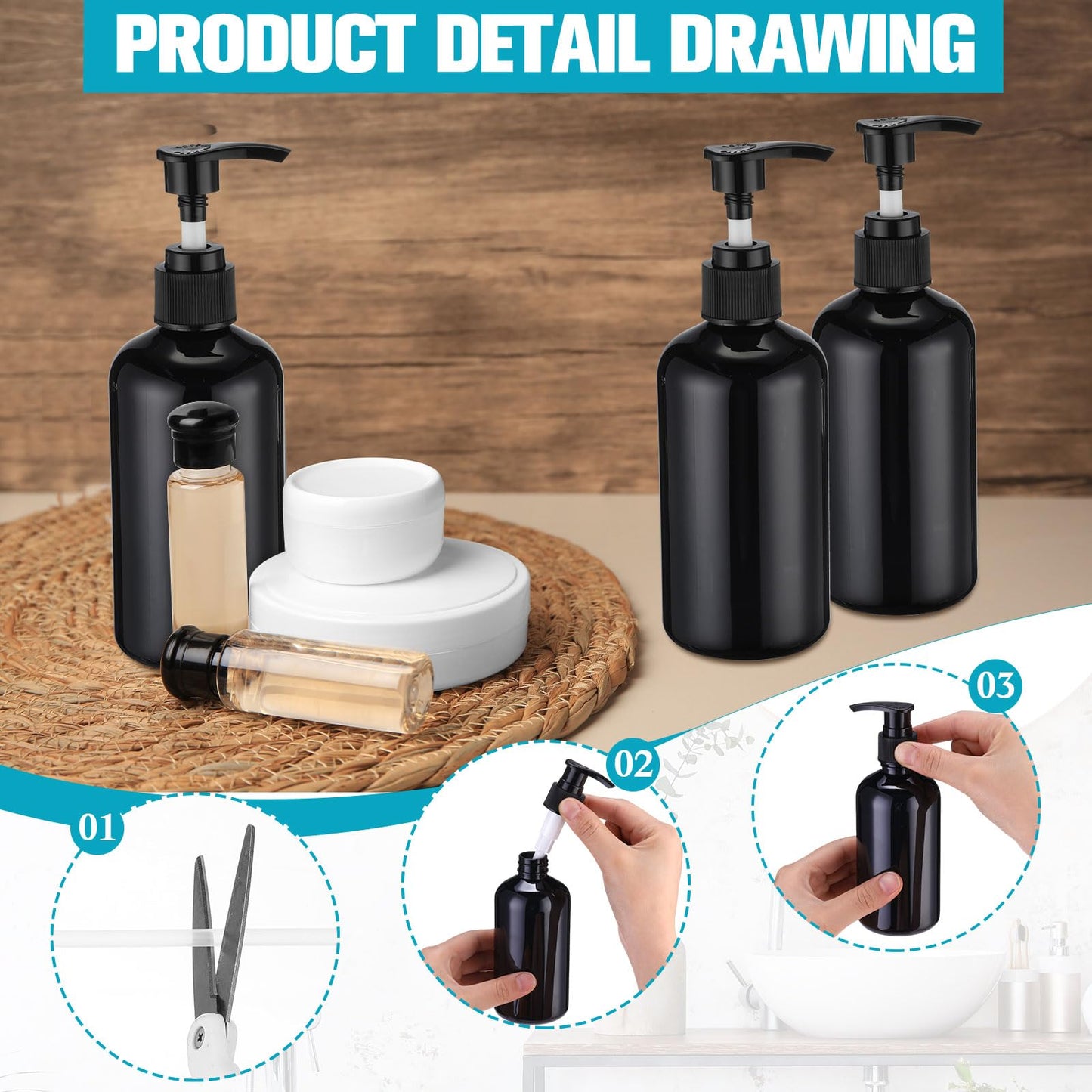 CroBlissful 24 Pcs Empty Plastic Pump Bottles 8oz Refillable Lotion Pump Bottle Containers with Dispenser for Shampoo, Conditioner, Face Cream, Massage Oil, Liquid Soap (Black)