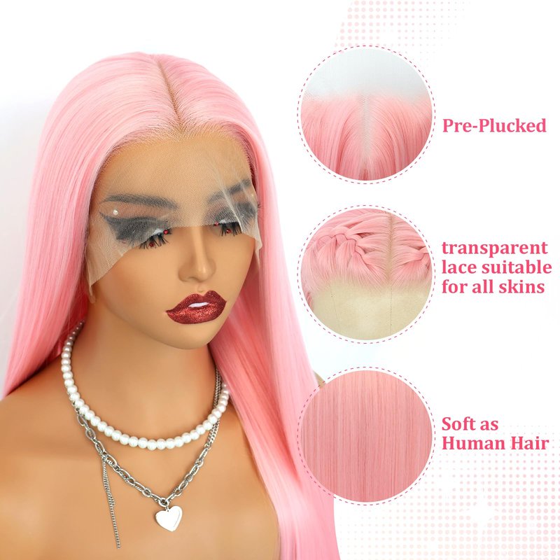 Oxeely Light Pink Synthetic Lace Front Wigs Long Straight Hair Pink Lace Wigs Natural Hairline Pre Plucked Glueless Synthetic Lace Wigs Heat Resistant Fiber Hair Light Pink Wigs for Women Daily Wear