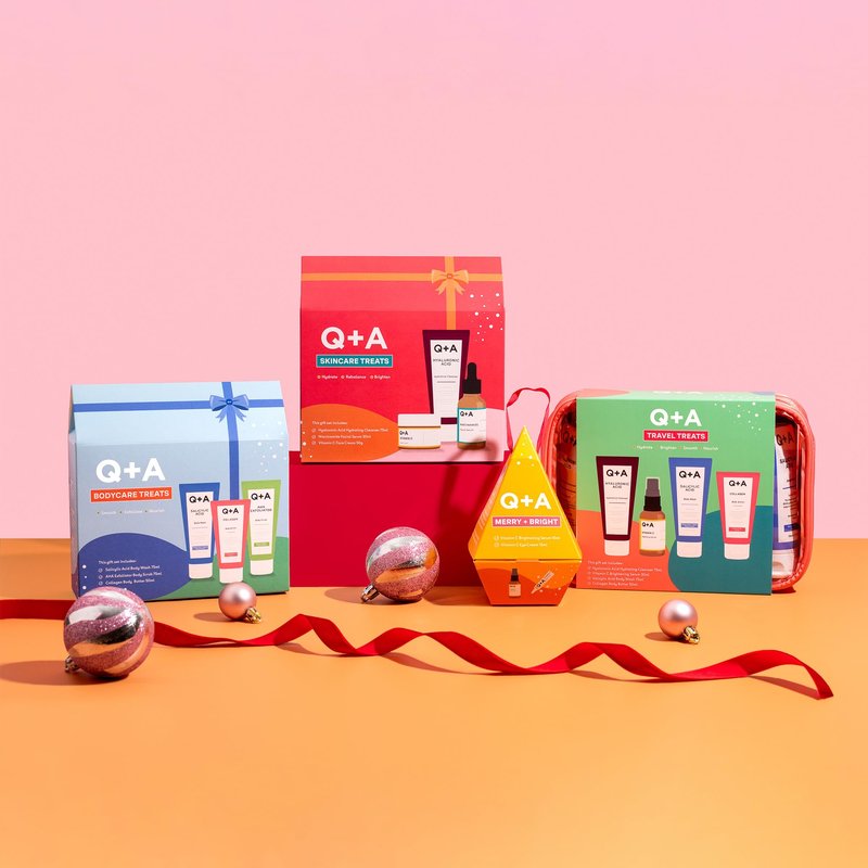 Q+A Travel Treats Gift Set, 4-Piece Skincare & Bodycare Minis with Travel Bag, Hydrating Fcaial Cleanser (75ml), Vitamin C Serum (30ml), Salicylic Acid Body Wash (75ml) & Collagen Body Butter (50ml)