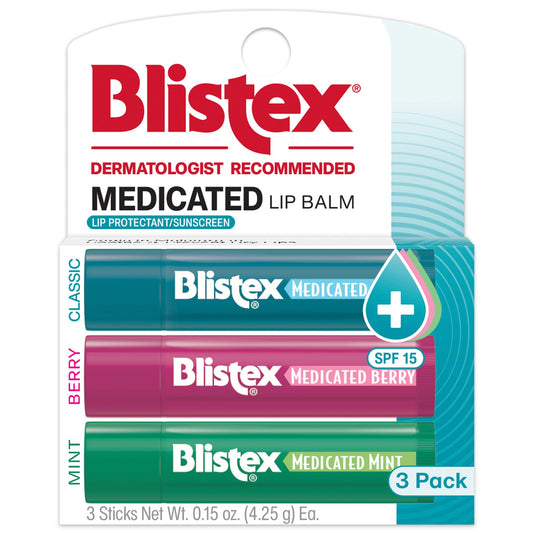 Blistex Medicated Lip Balm, 0.15 Oz Each, Classic, Mint and Berry Flavor, Soothes and Protects, Advanced Medicated Lip Care for Dry, Chapped Lips, SPF 15 Sun Protection, 3 Count, 1 Pack