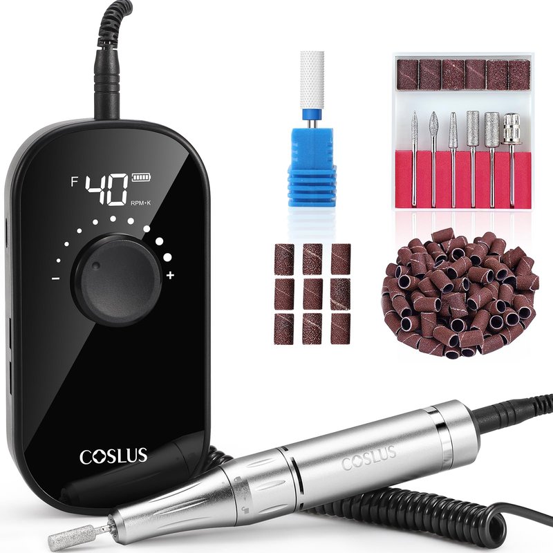COSLUS E51 Professional Electric Nail Drill, 40000 RPM Portable Rechargeable Nail File with Storage Stand for Acrylic Gel Polishing Removing - Easy to Use for Women, Manicure at Home or Salon, Black