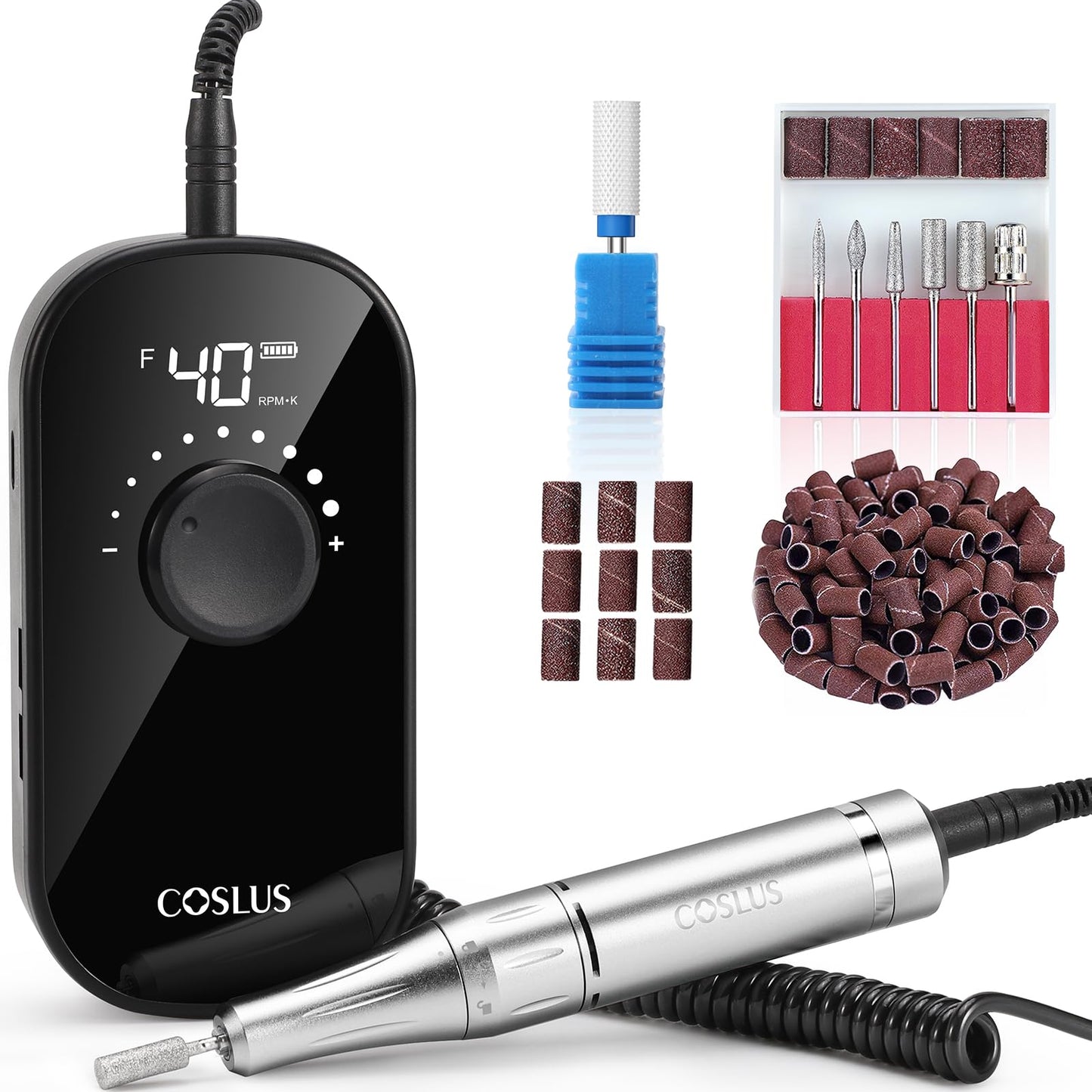 COSLUS E51 Professional Electric Nail Drill, 40000 RPM Portable Rechargeable Nail File with Storage Stand for Acrylic Gel Polishing Removing - Easy to Use for Women, Manicure at Home or Salon, Black