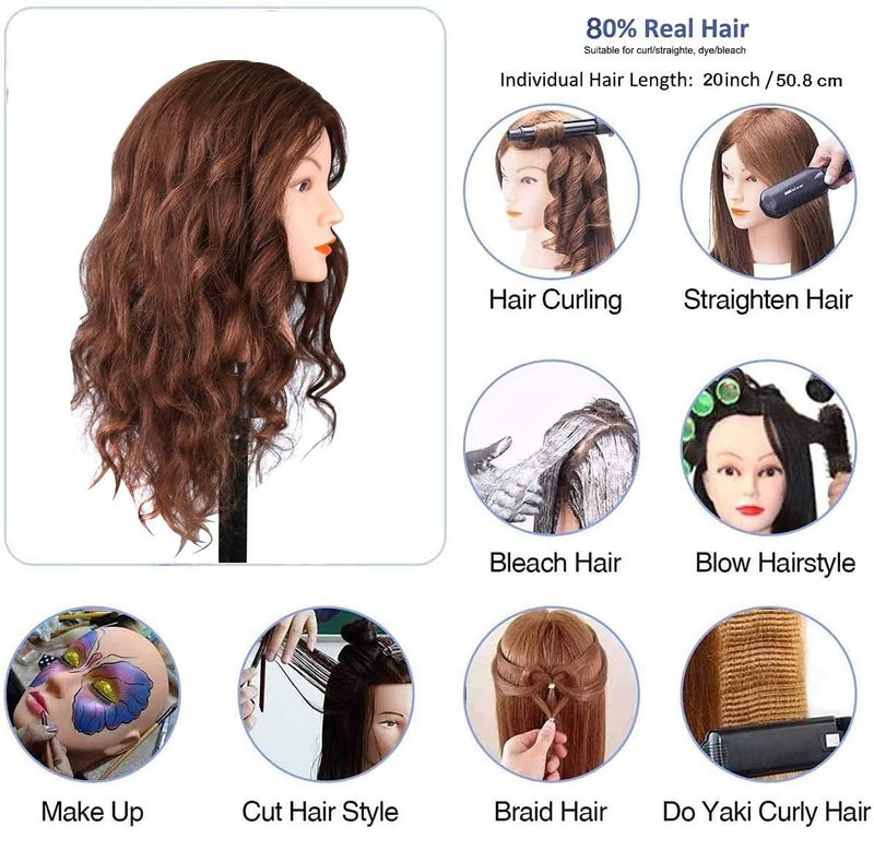 18'' Mannequin Head with Human Hair Cosmetology Manikin Doll Head with 100% Real Human Hair for Braiding Hairdresser Practice Styling with Free Table Clamp Stand