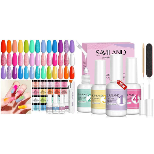 SAVILAND 20-Color Dip Powder Nail Kit with Clear Pink & Rainbow Shades + 4 Liquids