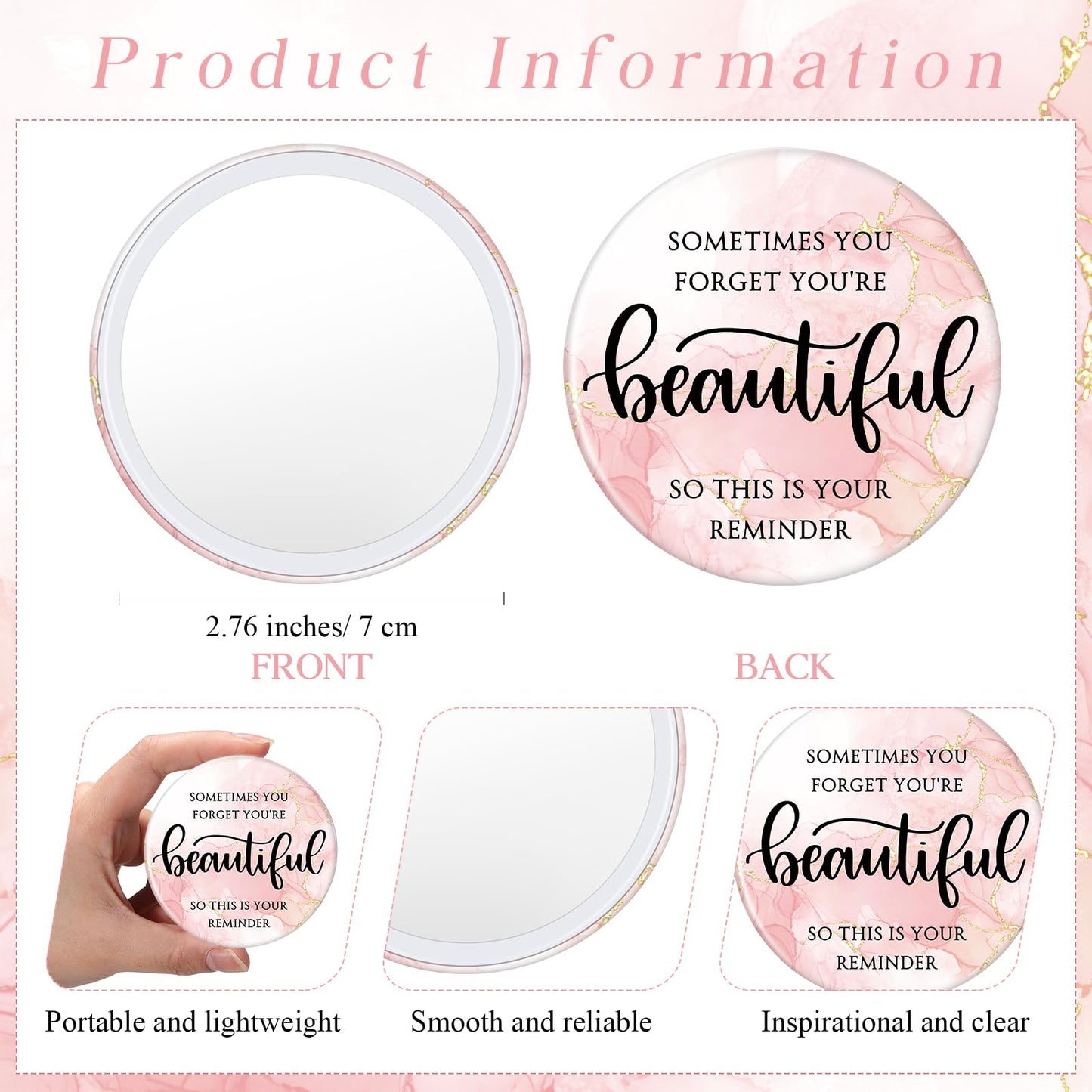 Beeveer 20 Sets Pink Inspirational Gift for Women, Appreciation Gift Bulk for End of Year Teacher, Sometimes You Forget You're Beautiful Makeup Bag and Compact Mirror for Mother Client Nurse Employee
