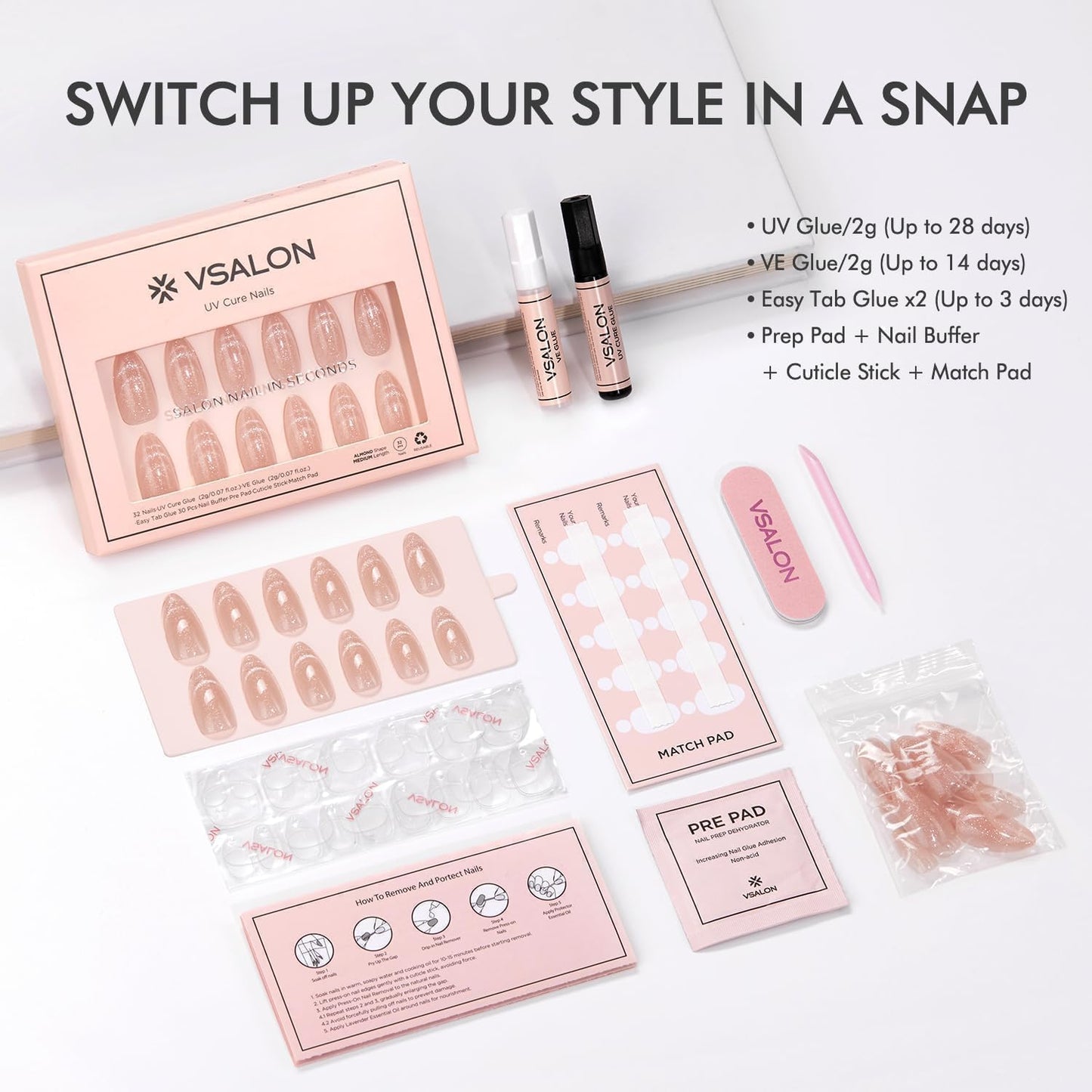 VSALON Almond Medium Press On Nails, Nude Radiant Cat Eye French Tip