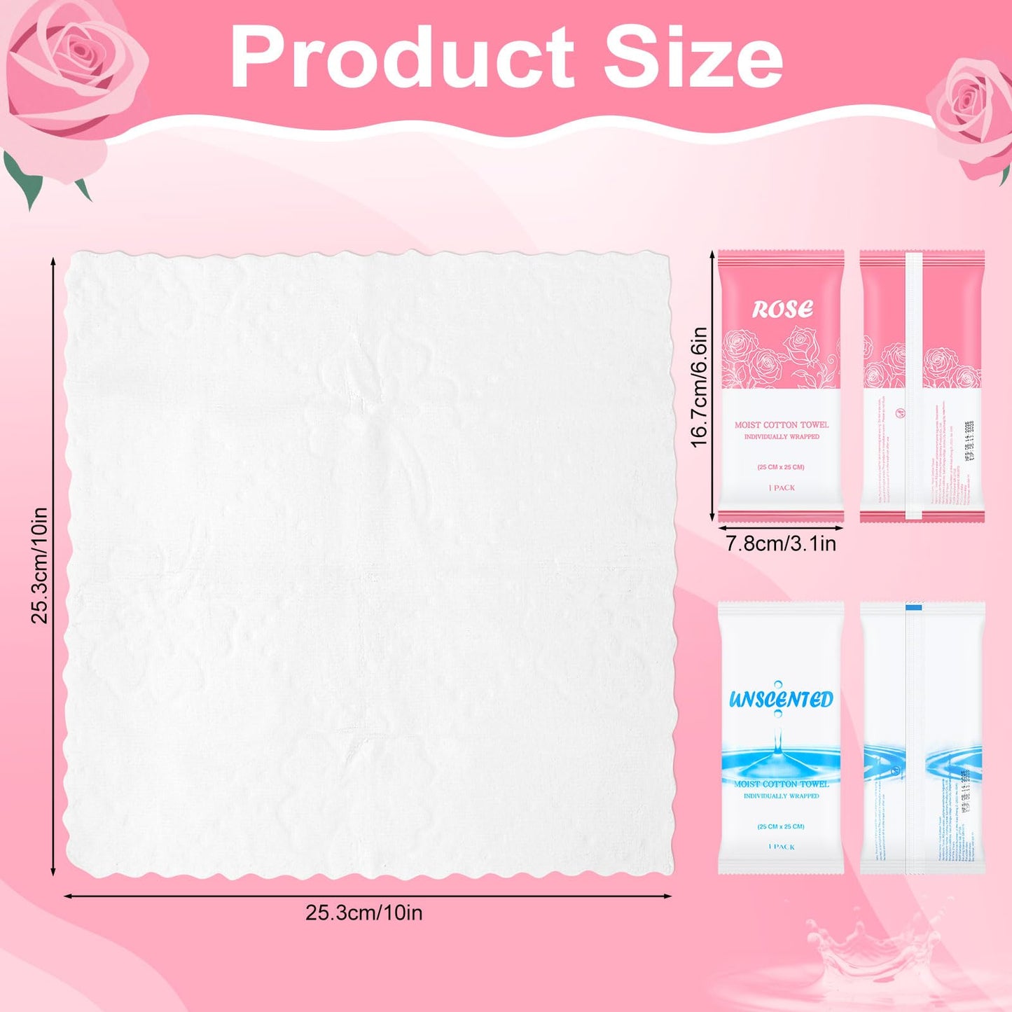 Moist Towelettes, Disposable Pre Moistened Towels Individually Wrapped, Soft Portable Face & Body Wet Towels for Travel Hotel Sport Camping Spa 9.8 inch (Pack of 100, Rose & Fresh)